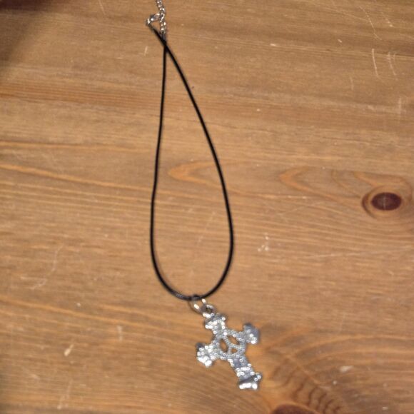 Silver Tone Cross Peace Sign Pendant Cord Necklace - Picture 4 of 6